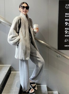 流星复古 新款仿水貂绒立领中长款宽松皮草外套环保毛毛大衣女冬