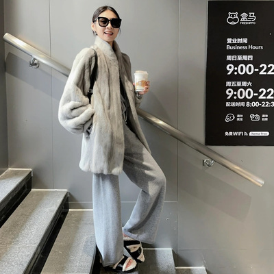 流星复古 新款仿水貂绒立领中长款宽松皮草外套环保毛毛大衣女冬