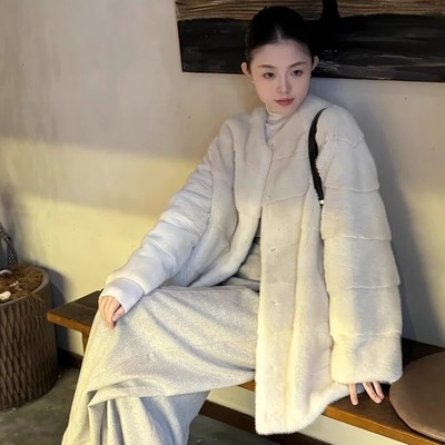 贵夫人天鹅绒仿水貂毛横排圆领中长款皮草外套女环保毛毛大衣女冬