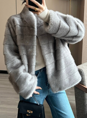 千金貂 新款仿水貂毛横排立领短款皮草外套女环保毛毛大衣女冬