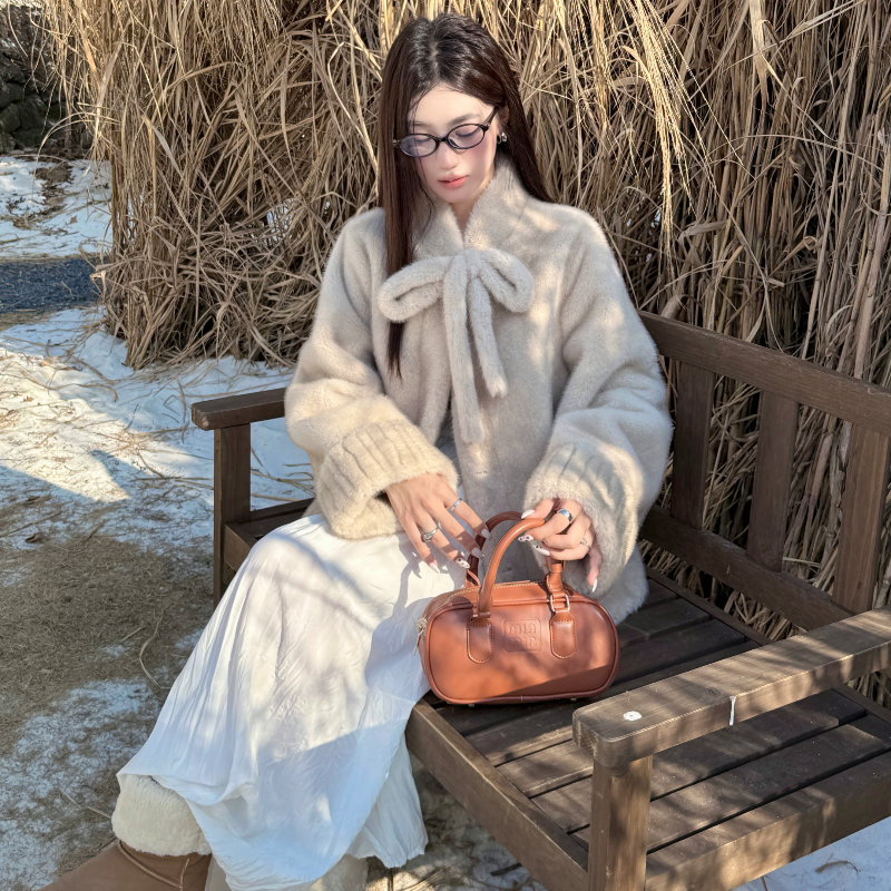 nancy秋冬新款 中古千金仿水貂环保毛毛洋气蝴蝶结短款皮草外套女