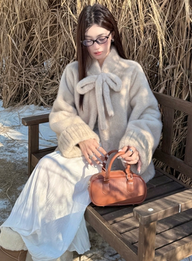 nancy秋冬新款 中古千金仿水貂环保毛毛洋气蝴蝶结短款皮草外套女