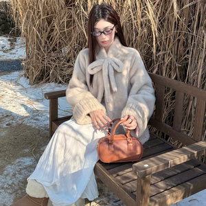 nancy秋冬新款 中古千金仿水貂环保毛毛洋气蝴蝶结短款皮草外套女
