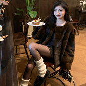 秋冬新款 中古风仿水貂横排圆领环保皮草外套显瘦皮毛一体大衣女