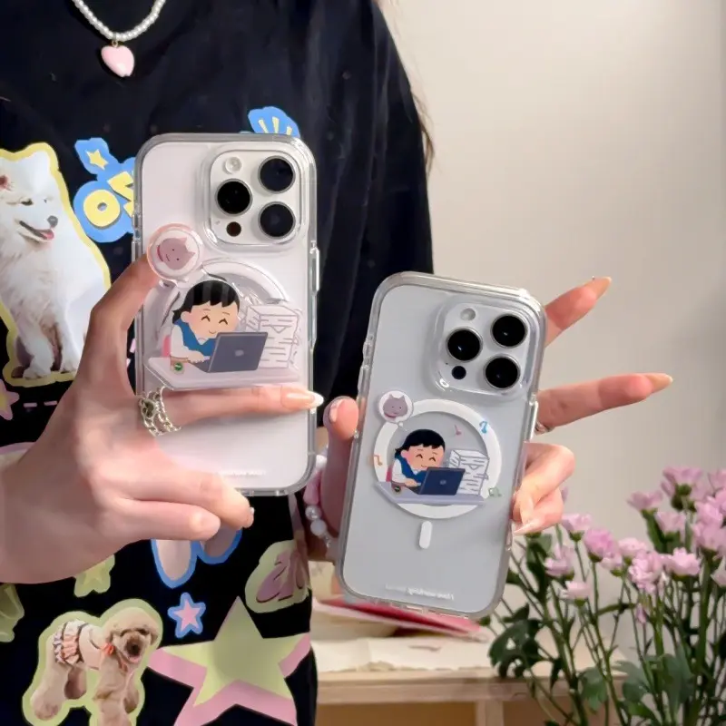 趣味卡通上班女孩磁吸支架适用iphone16Promax苹果15手机壳13女14