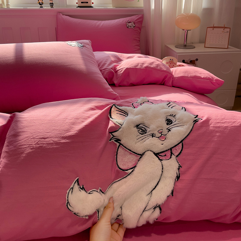 ins玫红少女心小猫咪毛巾绣水洗棉四件套刺绣被套单件非全棉被罩