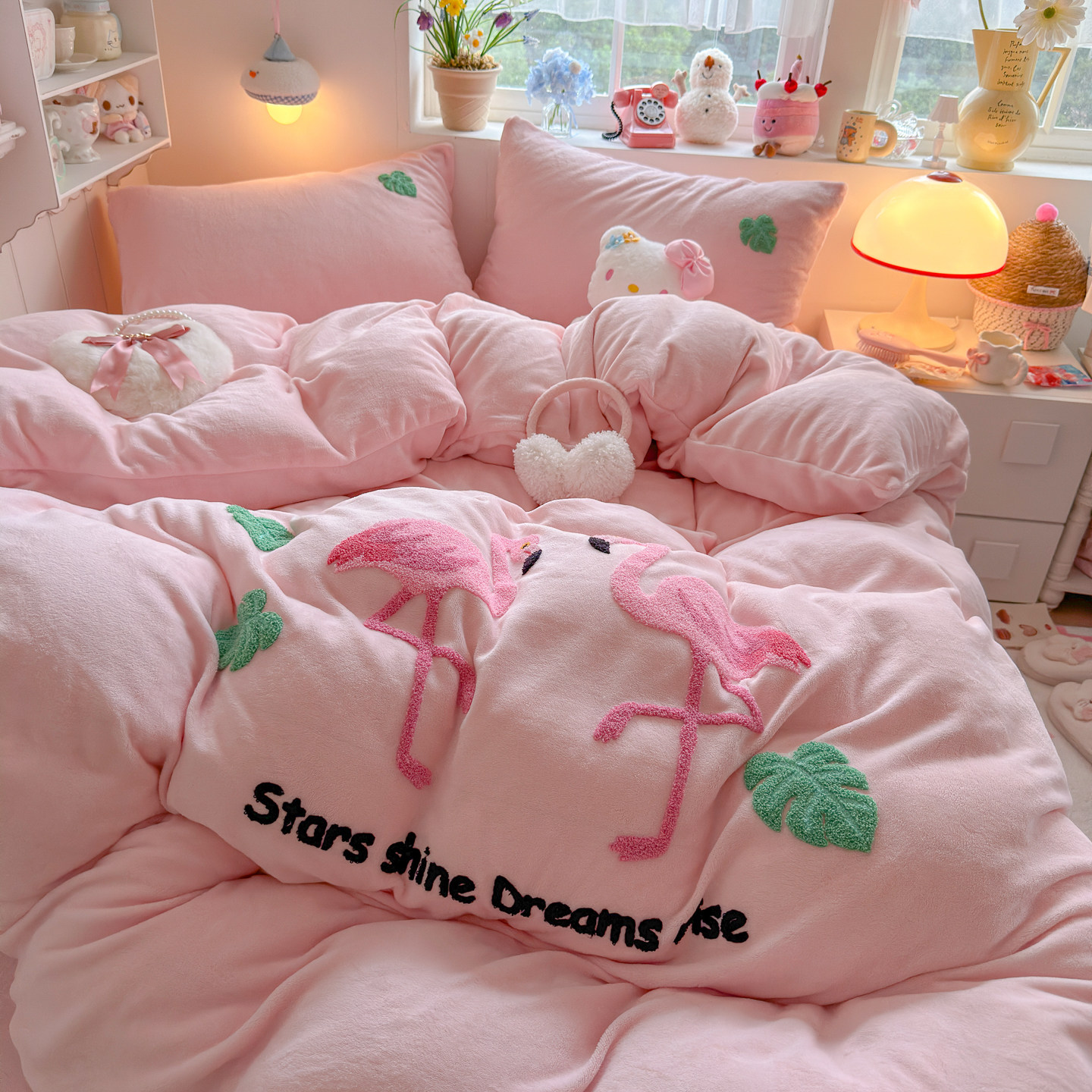 冬季ins粉色火烈鸟毛巾绣牛奶绒四件套双面珊瑚绒被套床单三件套4