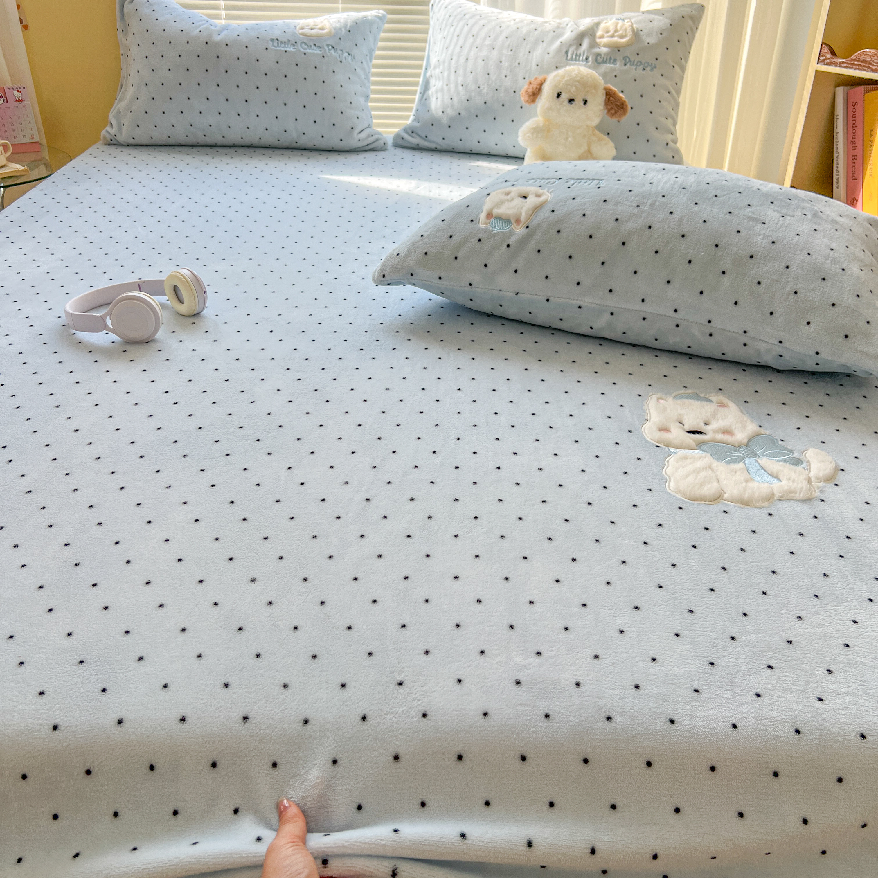 冬季ins加厚波点贴布绣小狗加绒牛奶绒床单床笠单件床套防滑床罩