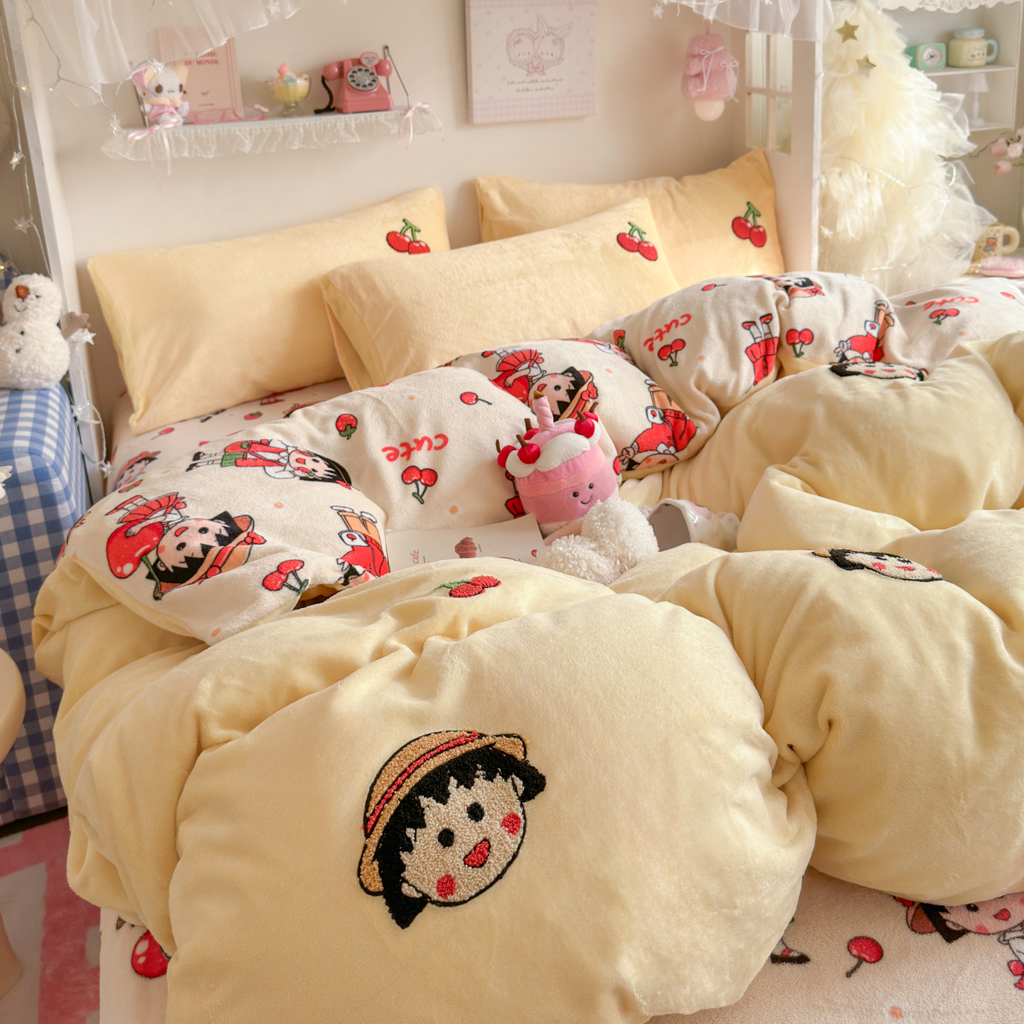 ins少女樱桃小丸子毛巾绣牛奶绒四件套双面珊瑚绒被套床单三件套