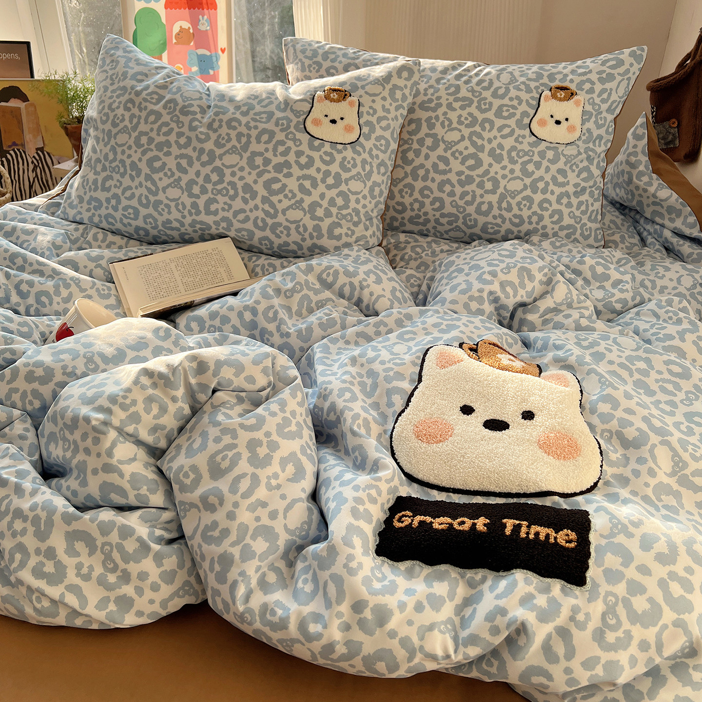 ins卡通豹纹小狗毛巾绣水洗棉床上四件套被罩学生宿舍床单三件套4,床上用品,床品套件/四件套/多件套,淘宝优惠券,粉丝福利购,淘宝优惠卷