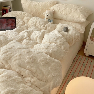 A类ins冬天奶油黄加厚牛奶绒四件套双面珊瑚加绒床单被套床三件套