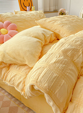 韩国ins风橙色泡泡纱AB面珊瑚绒四件套牛奶床单被套单面绒三件套