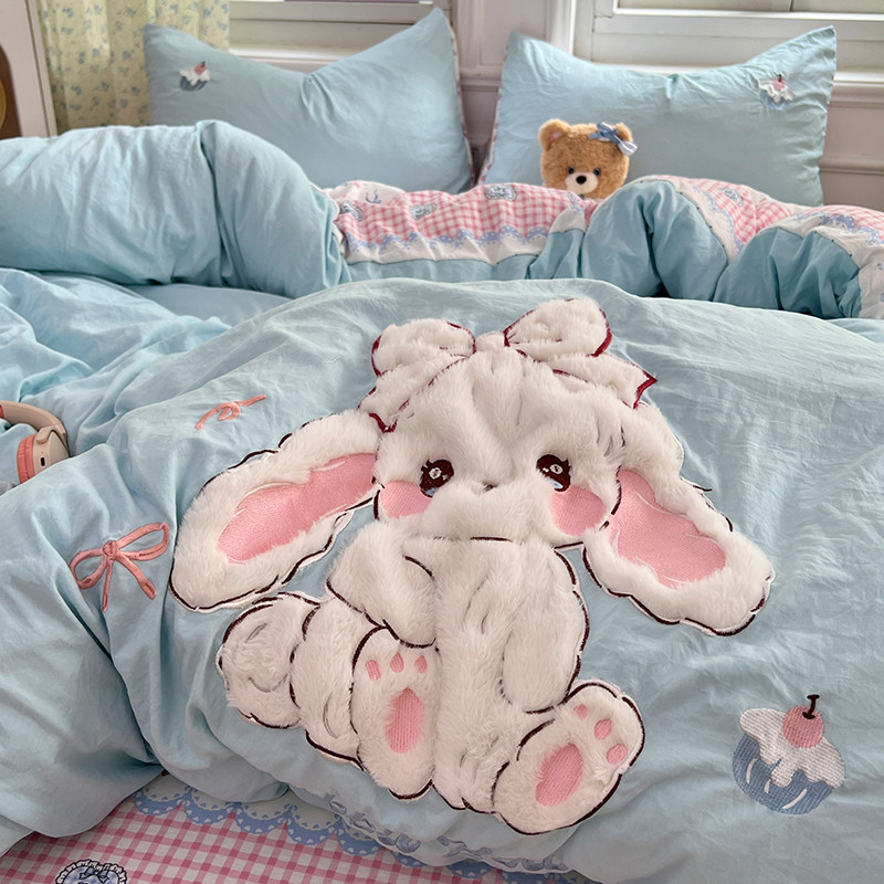 ins可爱小白兔贴布绣水洗棉四件套非纯棉女生宿舍被套床单三件套