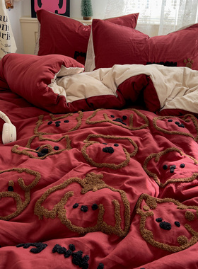 ins少女红色可爱小狗毛巾绣水洗棉被套单件非全棉被罩150x200x230