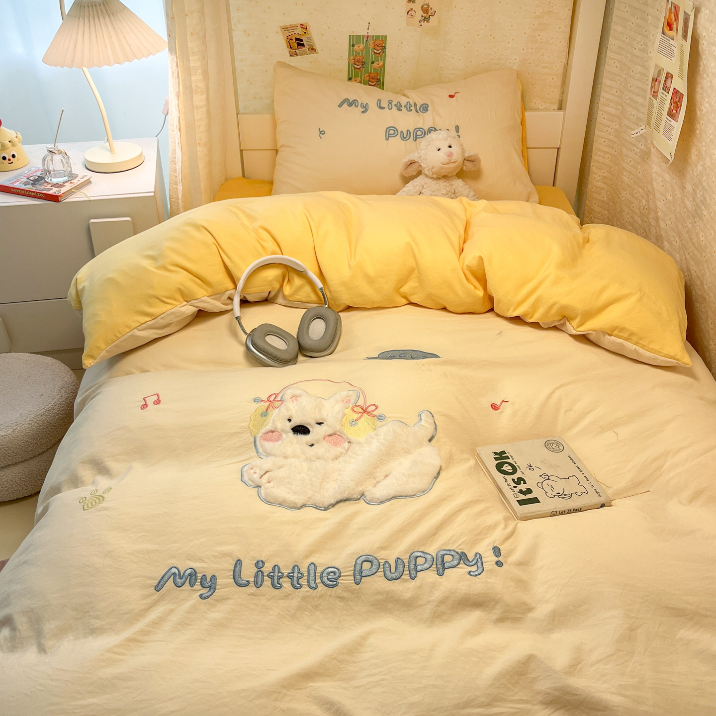 A类ins风奶油黄小狗毛巾绣水洗棉四件套非纯棉学生宿舍床单三件套