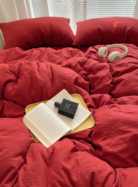 ins大红色水洗棉被套单件非全棉纯棉单双人被罩150x200x230三件套