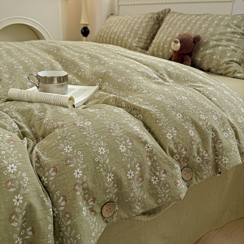 复古抹茶绿碎花原麻纽扣床上四件套非纯棉学生宿舍被套床单三件套