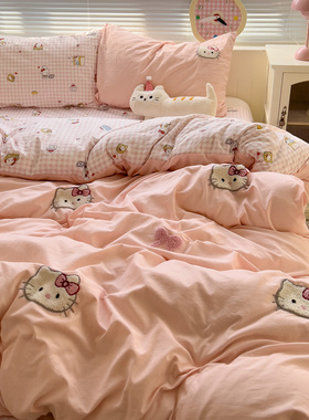 ins超柔少女心粉色KT猫毛巾绣水洗棉四件套非纯棉宿舍床单三件套4
