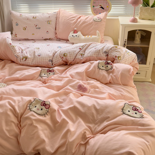 ins超柔少女心粉色KT猫毛巾绣水洗棉四件套非纯棉宿舍床单三件套4