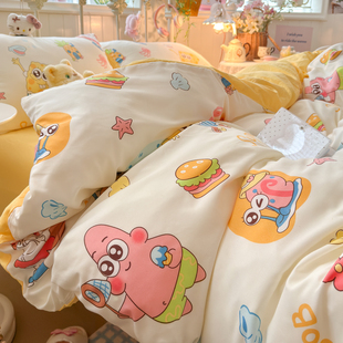 A类可爱海绵宝宝水洗棉床上四件套非纯棉学生宿舍床单三件套4 春季