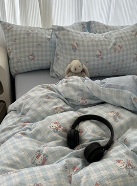 ins少女心蓝色格子KT猫咪双层纱四件套非纯棉学生宿舍床单三件套5