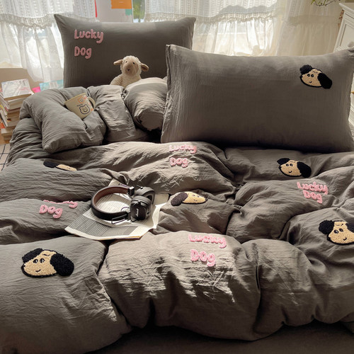 ins深色超柔耐脏小狗巾绣水洗棉四件套非纯棉被套宿舍床单三件套4