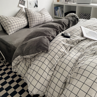 韩式黑白格子冬季牛奶绒四件套ab面加绒单面珊瑚绒被套床单三件套