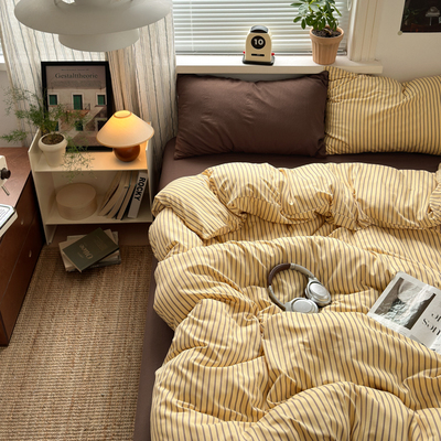 北欧多巴胺条纹混搭水洗棉四件非非纯棉套学生宿舍被套床单三件套