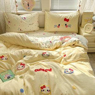 ins少女心黄色KT猫毛巾绣水洗棉四件套非纯棉宿舍被套床单三件套