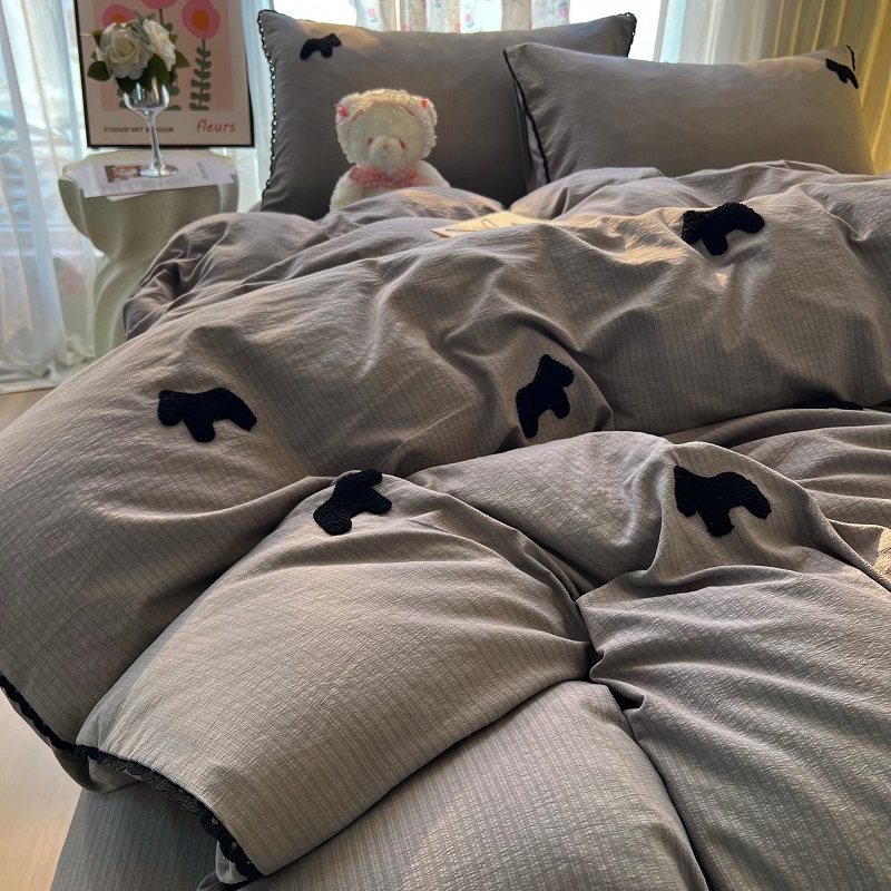ins新年灰色小马毛巾绣水洗棉花边四件套学生被套宿舍床单三件套