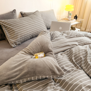 北欧风条纹男生牛奶绒四件套ab面单面法兰绒珊瑚绒被套床单三件套