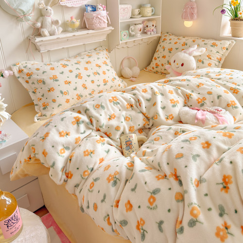 冬季ins黄色碎花牛奶绒四件套双面珊瑚绒被套宿舍加绒床单三件套4