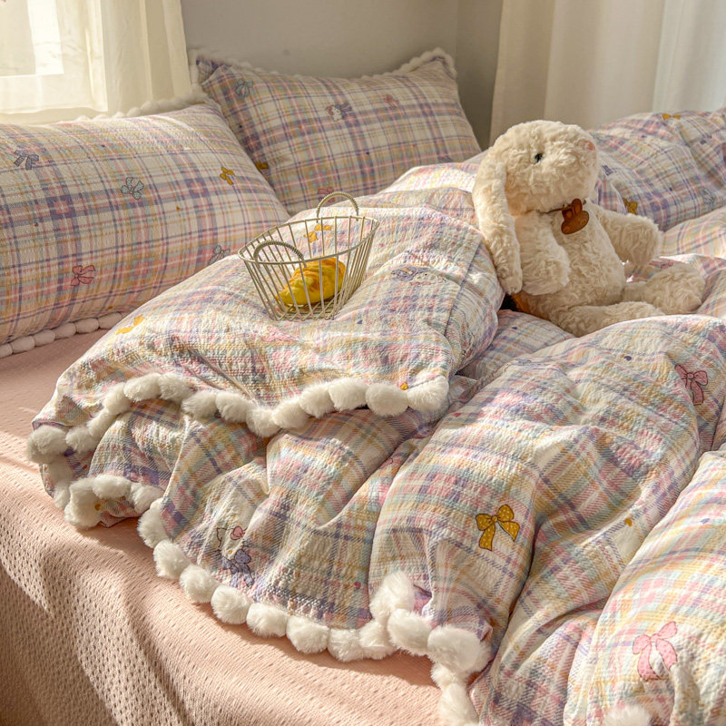 ins少女彩色格子蝴蝶结毛球水洗棉四件套被套学生宿舍床单三件套,床上用品,床品套件/四件套/多件套,淘宝优惠券,粉丝福利购,淘宝优惠卷
