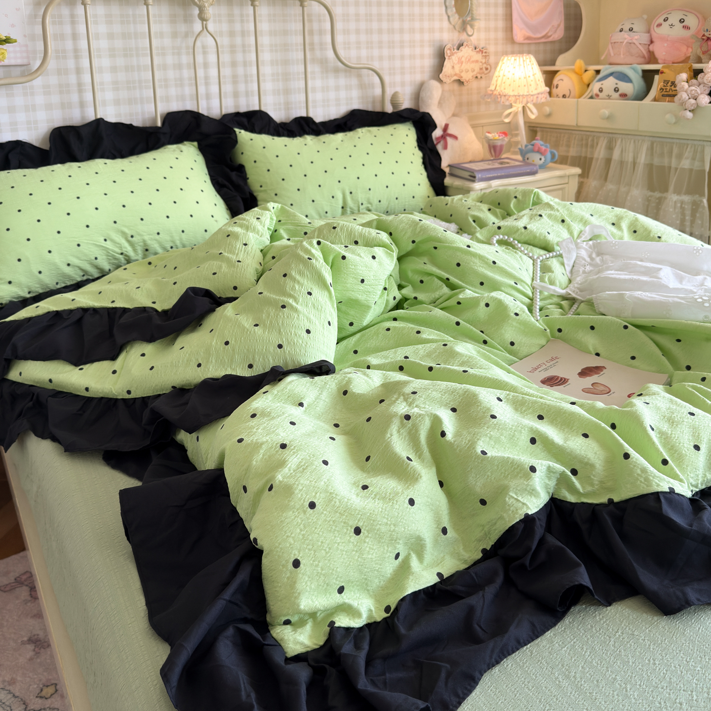 A类ins绿色波点花边皱皱纱四件套床裙宿舍被套少女床上三件套用品