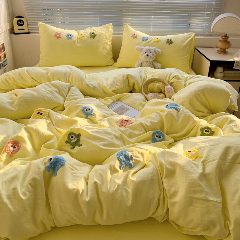 ins奶油黄小怪兽毛巾绣水洗棉被套单件非全棉纯棉被罩150x200x230