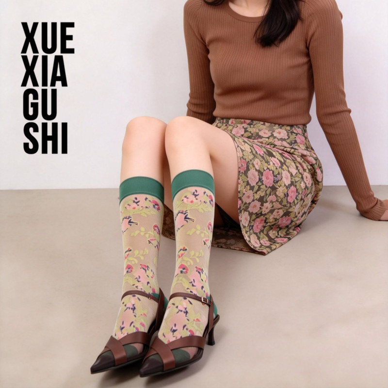 【法式碎花小腿袜女】靴下故事高端棉复古花卉及膝袜甜美穿搭长袜