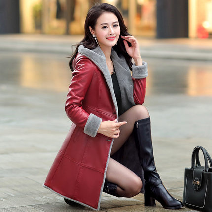 秋冬加厚海宁皮衣女士中长款加绒皮毛一体皮夹克外套