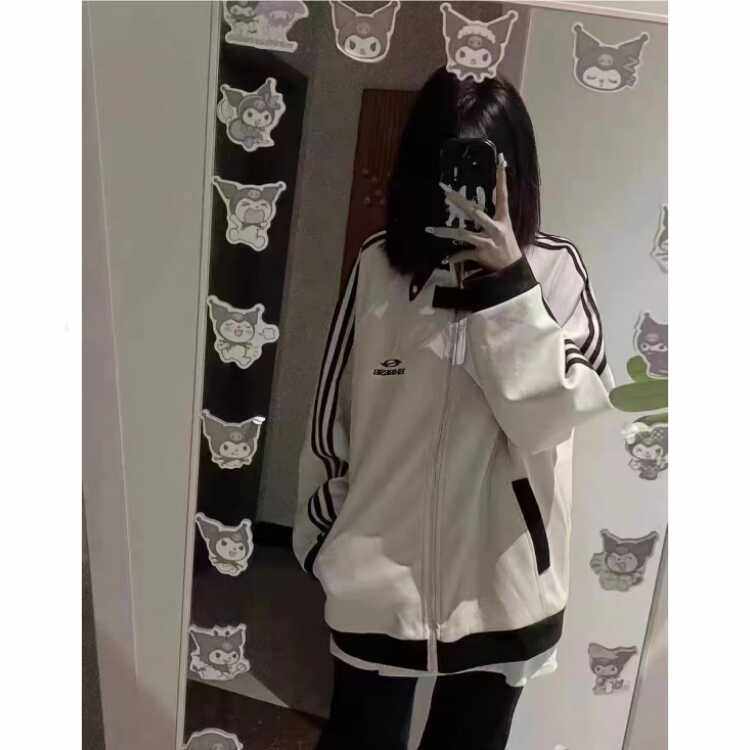 chic春秋外套女美式复古三条杠潮牌夹克宽松休闲拼接设计感棒球服