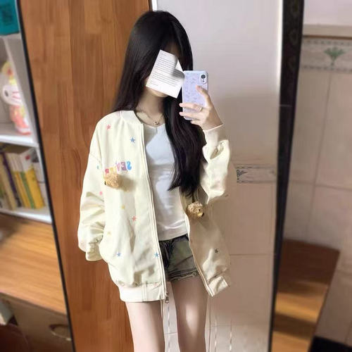 美式星星满印棒球服外套女2025春季新款学生小个子韩版bf宽松夹克