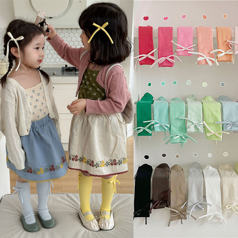 糖果色小腿袜女童春季长筒袜夏薄款纯棉宝宝可爱公主风蝴蝶结袜子