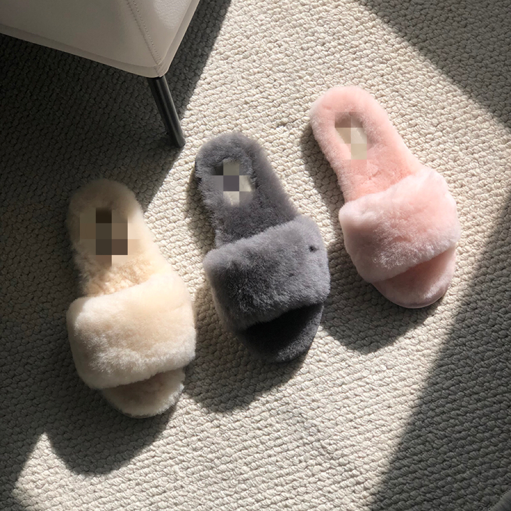 U冬款室内居家一字拖羊皮毛一体平底拖鞋防滑保暖棉拖鞋女毛毛拖