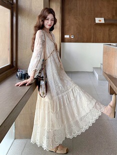 气质甜美高级感度假长裙超仙 新款 蕾丝刺绣法式 拼接连衣裙2026春季