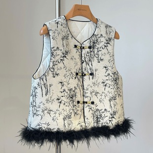 新中式毛条马甲女外穿2025冬季新款女装圆领夹棉上衣中国风背心女