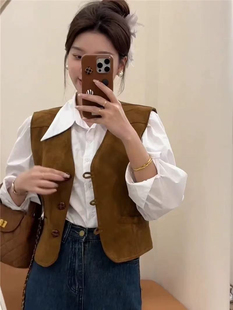 鹿皮绒马甲女短款背心2026新款春季韩版复古高级感小个子坎肩外套