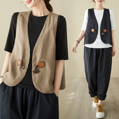 日韩大码 日系牛角扣棉麻叠穿坎肩文艺纯色V领粒扣手工刺绣马甲女