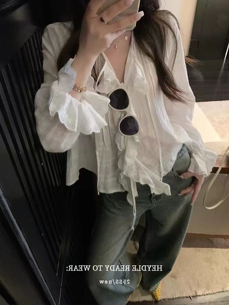 荷叶边绣花白色防晒衬衫女2026夏季新款韩系宽松短款长袖上衣外套