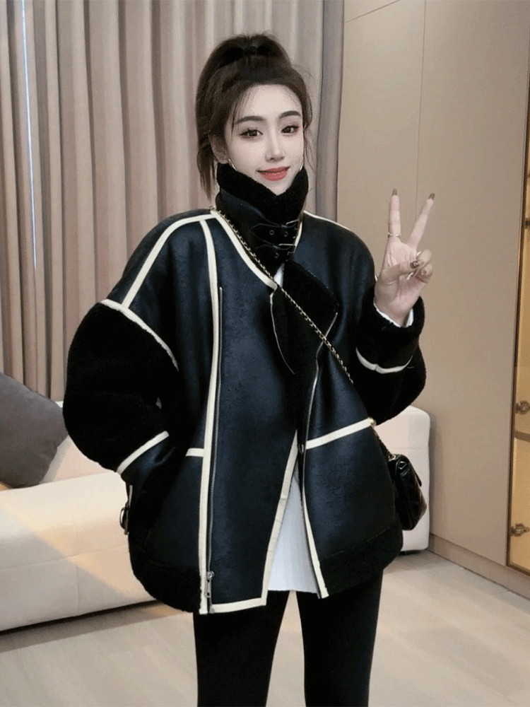 2025冬季皮毛一体仿羊羔毛外套女加绒加厚休闲韩版宽松时尚外套,女装/女士精品,短外套,淘宝优惠券,粉丝福利购,淘宝优惠卷