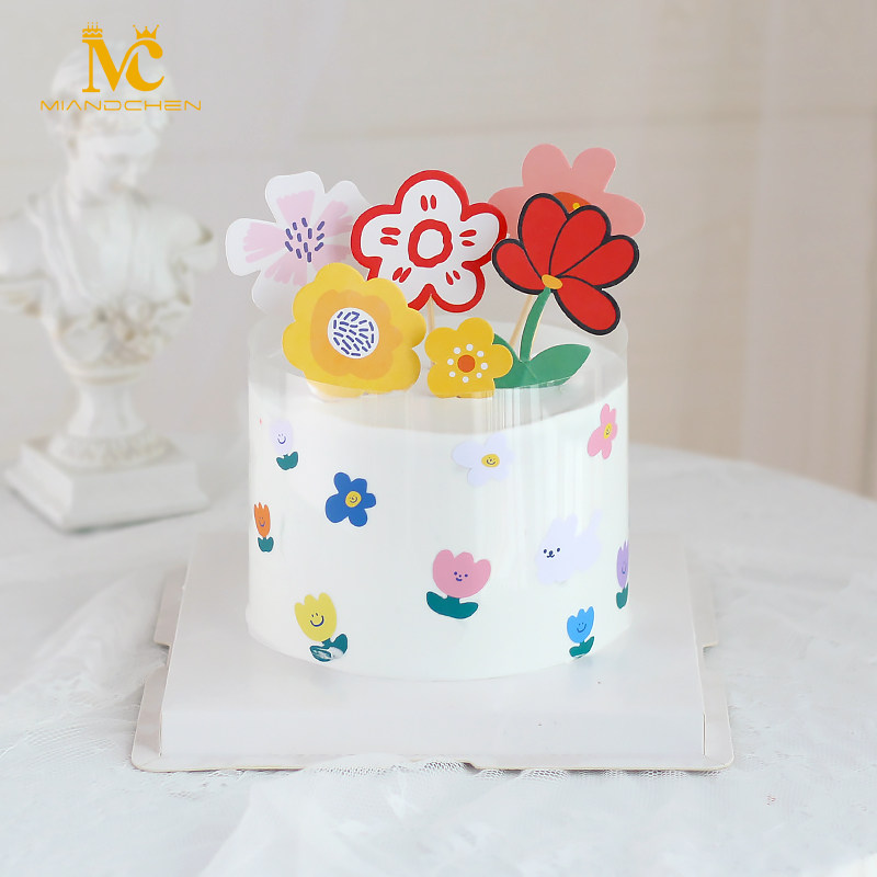 烘焙蛋糕装饰 纸质印刷花朵生日蛋糕插件 小花围边贴纸 甜品装扮