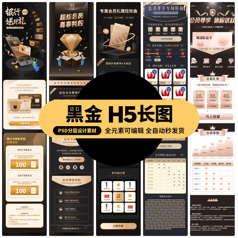 黑金风VIP权益特权专区会员中心活动介绍H5体检项目UI长图PSD素材