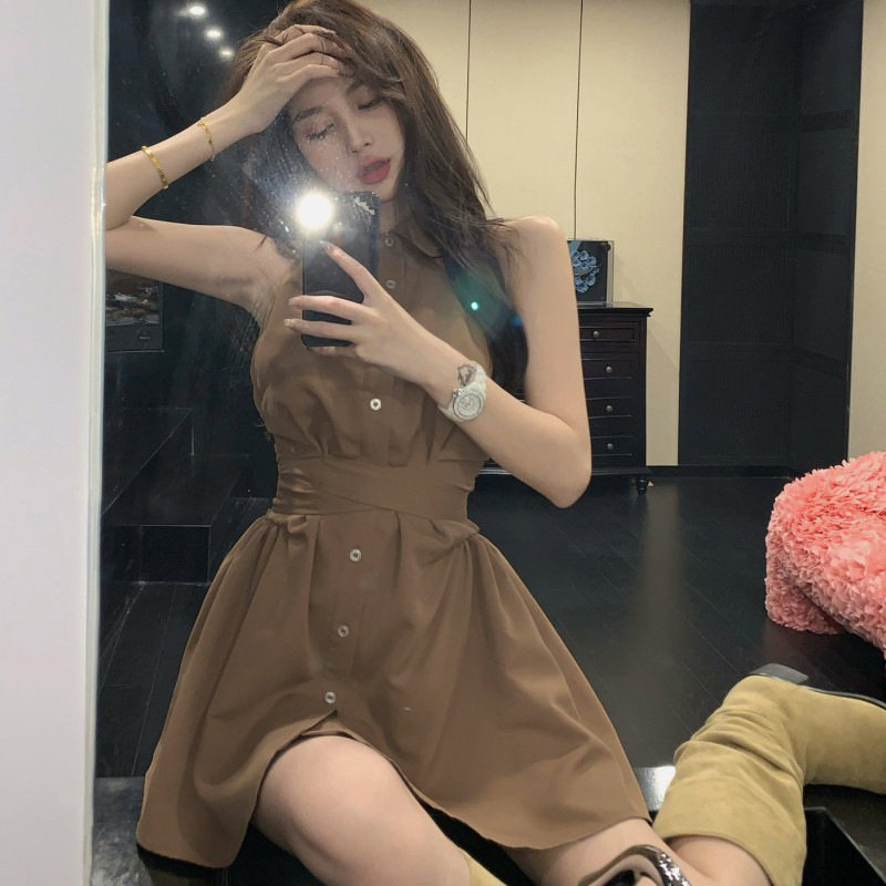 法式辣妹衬衫挂脖连衣裙